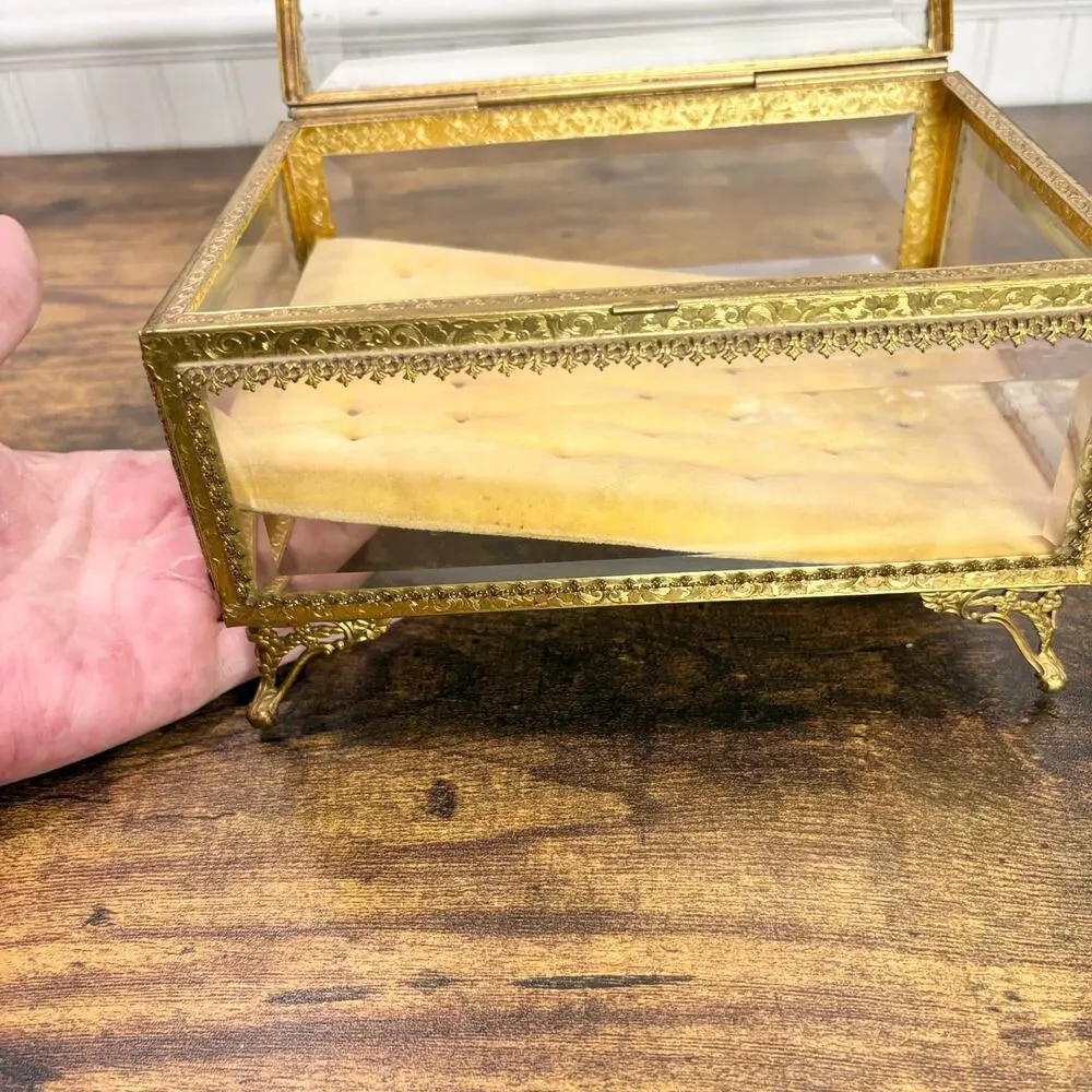 Vintage French‎ Jewelry Box Footed Casket Ormulu Filigree Beveled Glass Regency